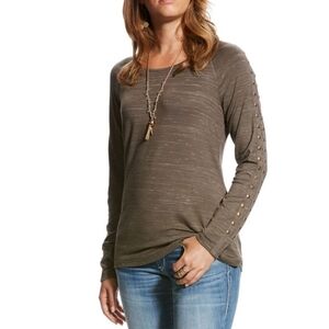 Ariat Gold Study Long Sleeve Brown Open Slits To Back Top Sz L